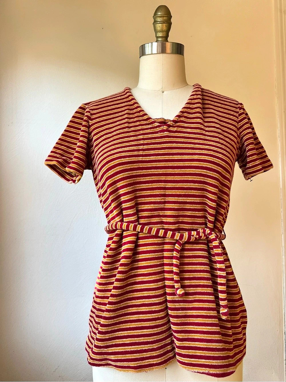 Women’s 1980s Vintage Jantzen Striped Terry Tunic Top in Red & Yellow
